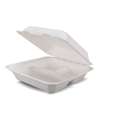 9" 3 Compartment Sugarcane Clamshell 230 x 230 x 58mm 200/ctn