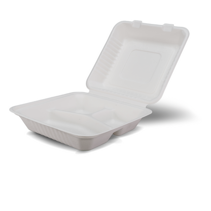 9" 3 Compartment Sugarcane Clamshell 230 x 230 x 58mm 200/ctn