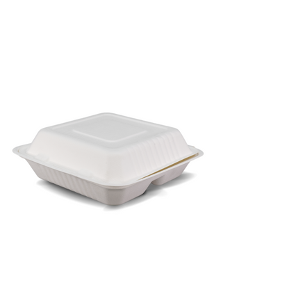 9" 3 Compartment Sugarcane Clamshell 230 x 230 x 58mm 200/ctn