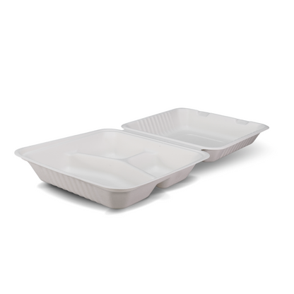9" 3 Compartment Sugarcane Clamshell 230 x 230 x 58mm 200/ctn